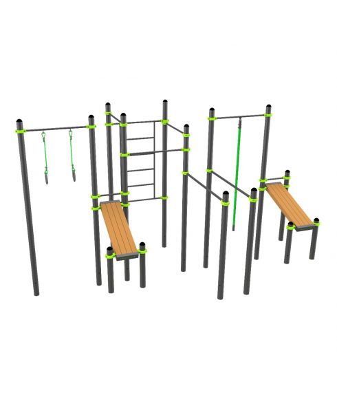 W361 Воркаут (3 турника, 2 скамьи для пресса, брусья, швед. стенка, кольца, канат) ZAVODSPORTA